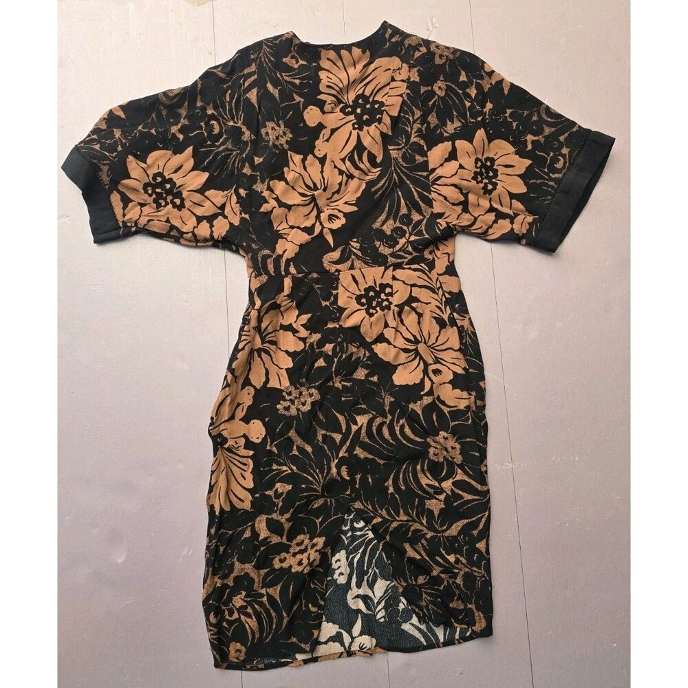Anthropologie Maeve Mirabilis Dress Size 0 Brown Black Floral Kimono Sleeve - Picture 5 of 7